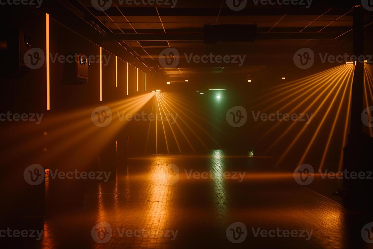 yellow lasers on an empty dance floor in a nightclub, illustration photo