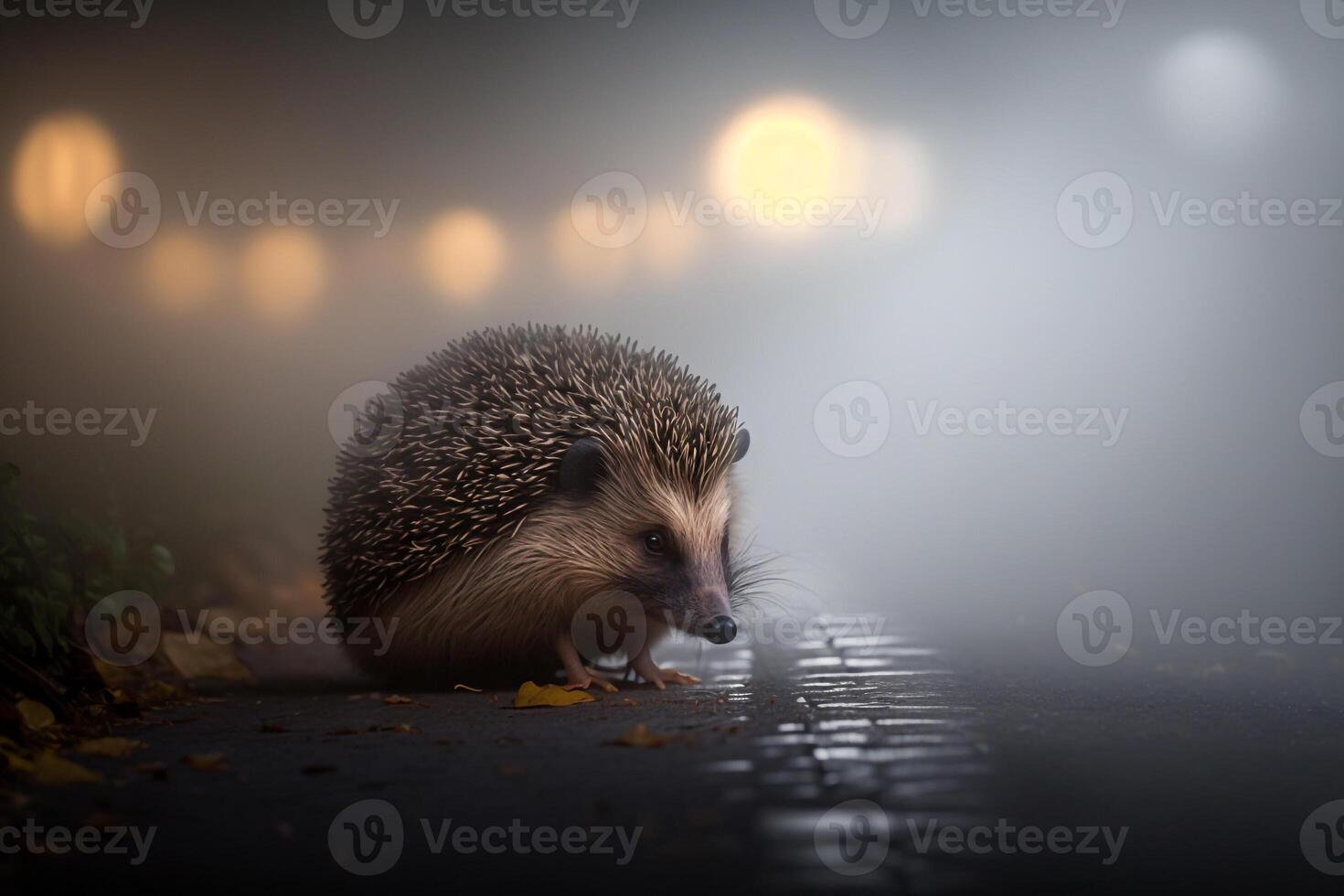 hedgehog in the fog on the road photo