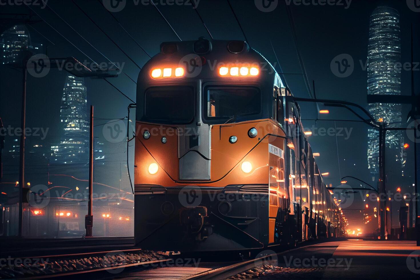 train passing through the night city illustration photo
