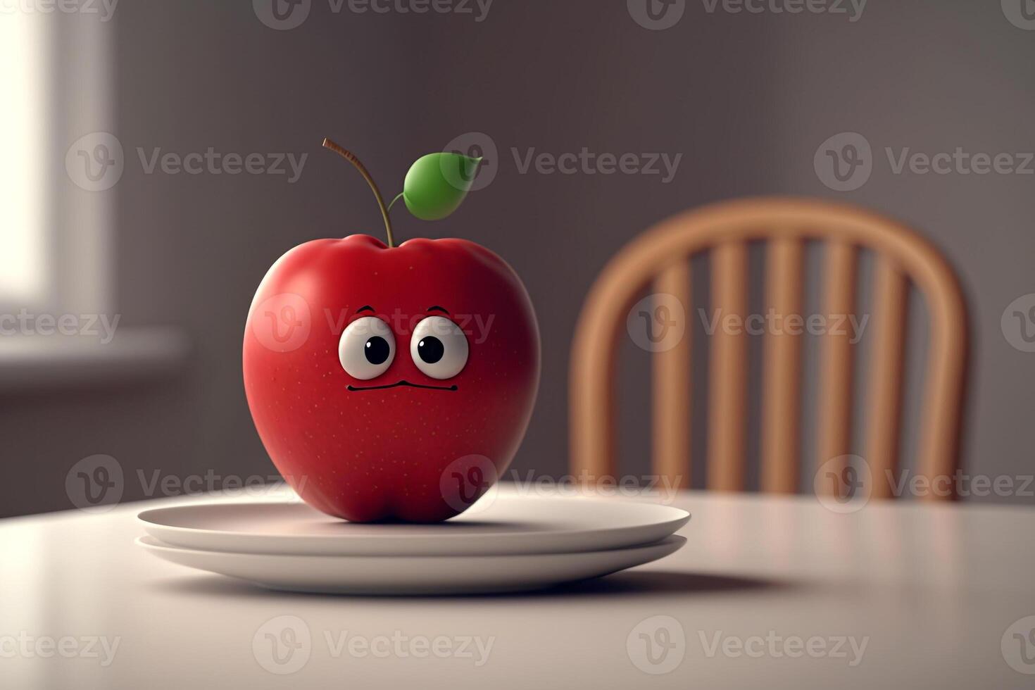 funny red apple with eyes in a kitchen plate photo