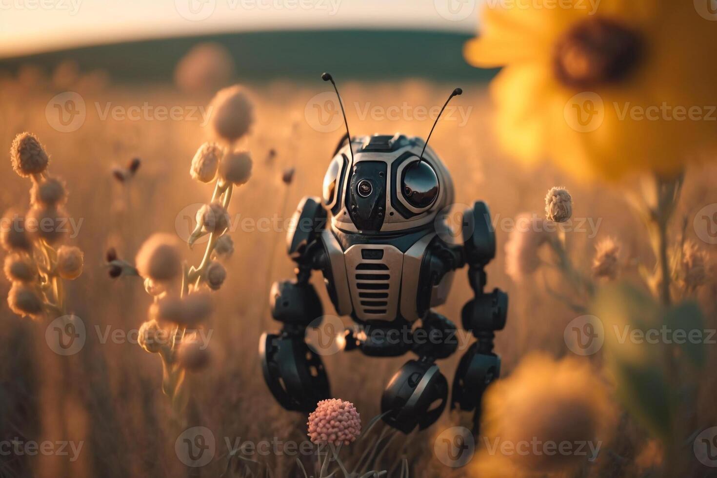 robot in a meadow among flowers illustration photo
