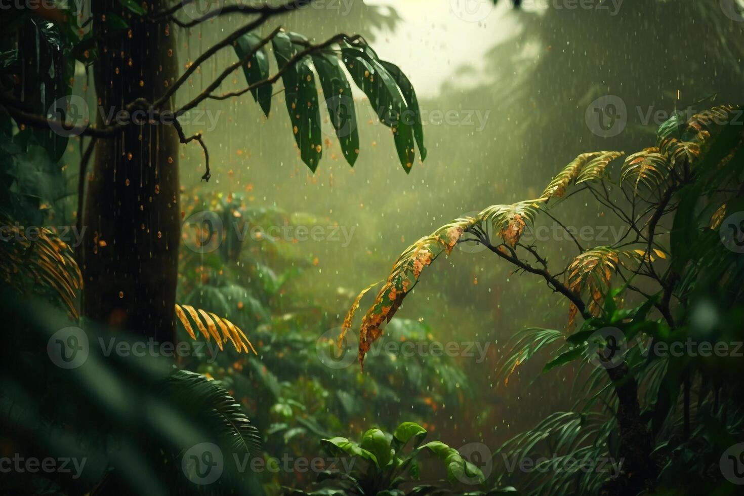 green jungle leaf in rain nature background illustration photo