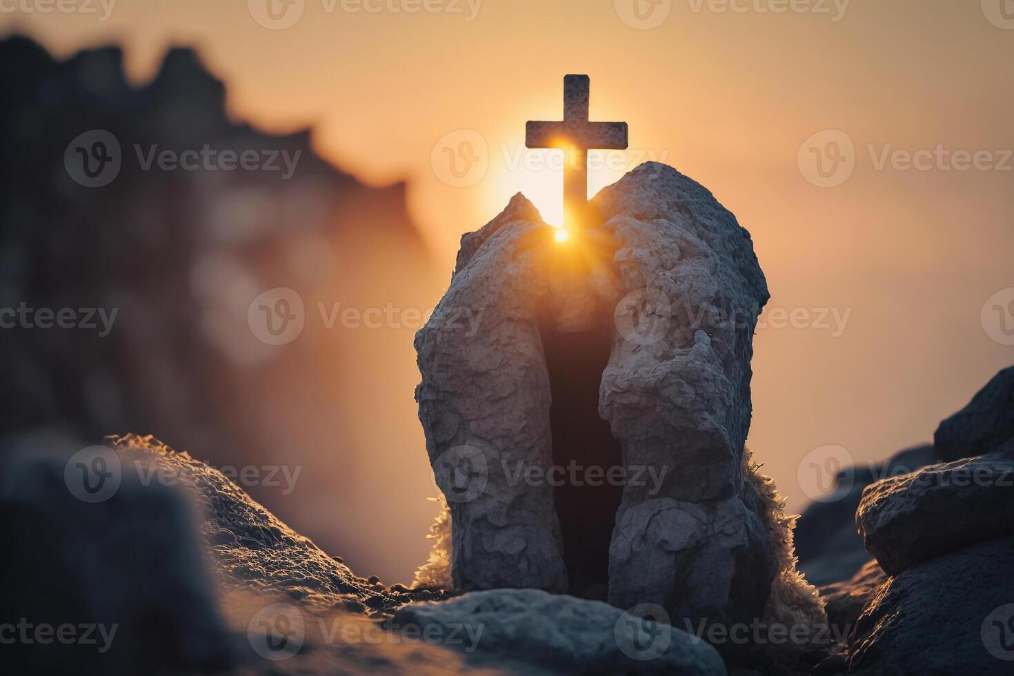 a stone cross on a rock and the rays of the sun,concept faith in god photo