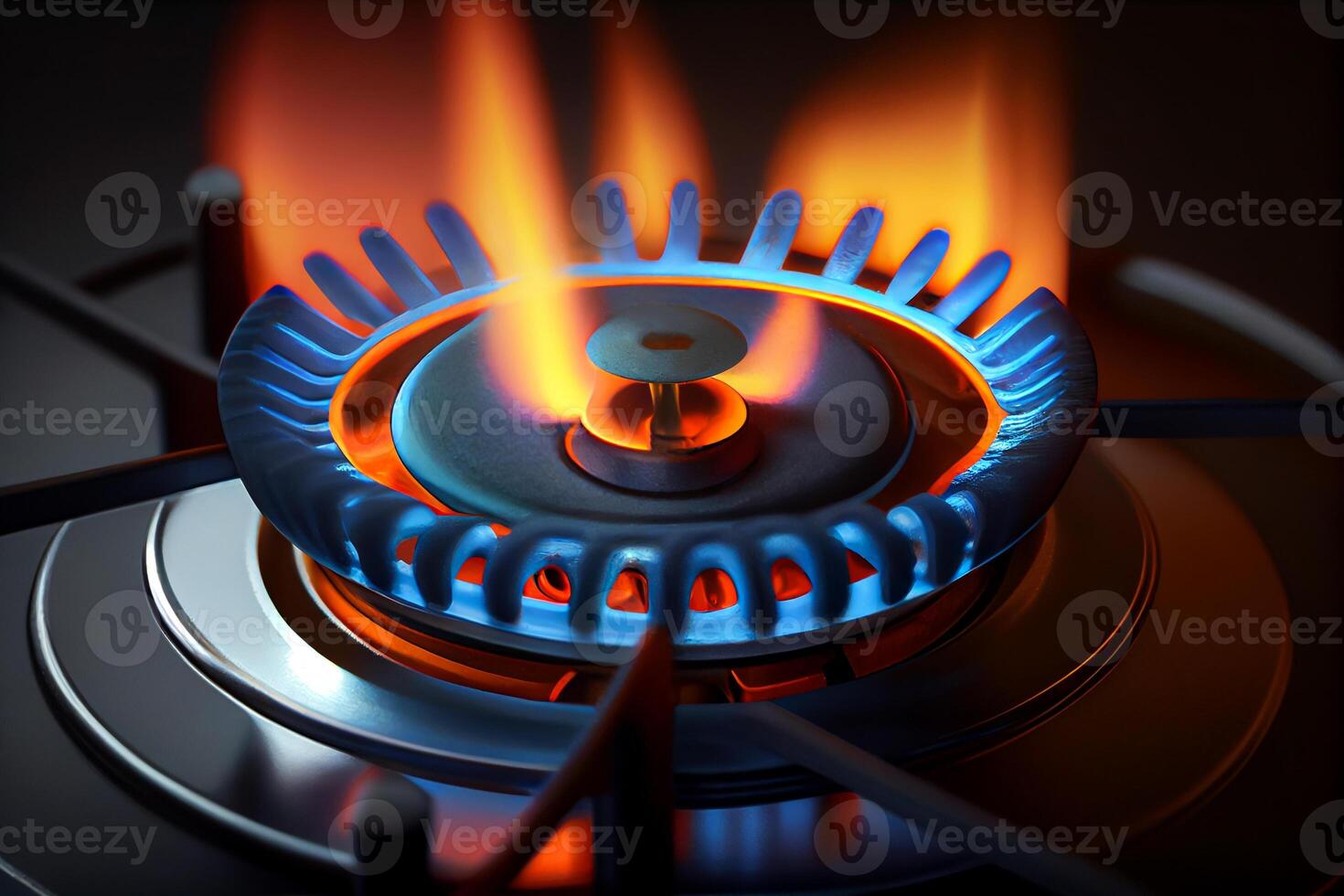 gas burner with blue orange flame closeup illustration photo