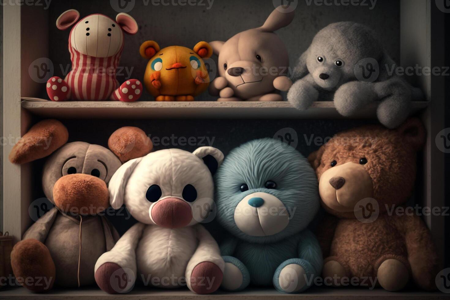 soft plush toys on the shelf in the wardrobe illustration photo