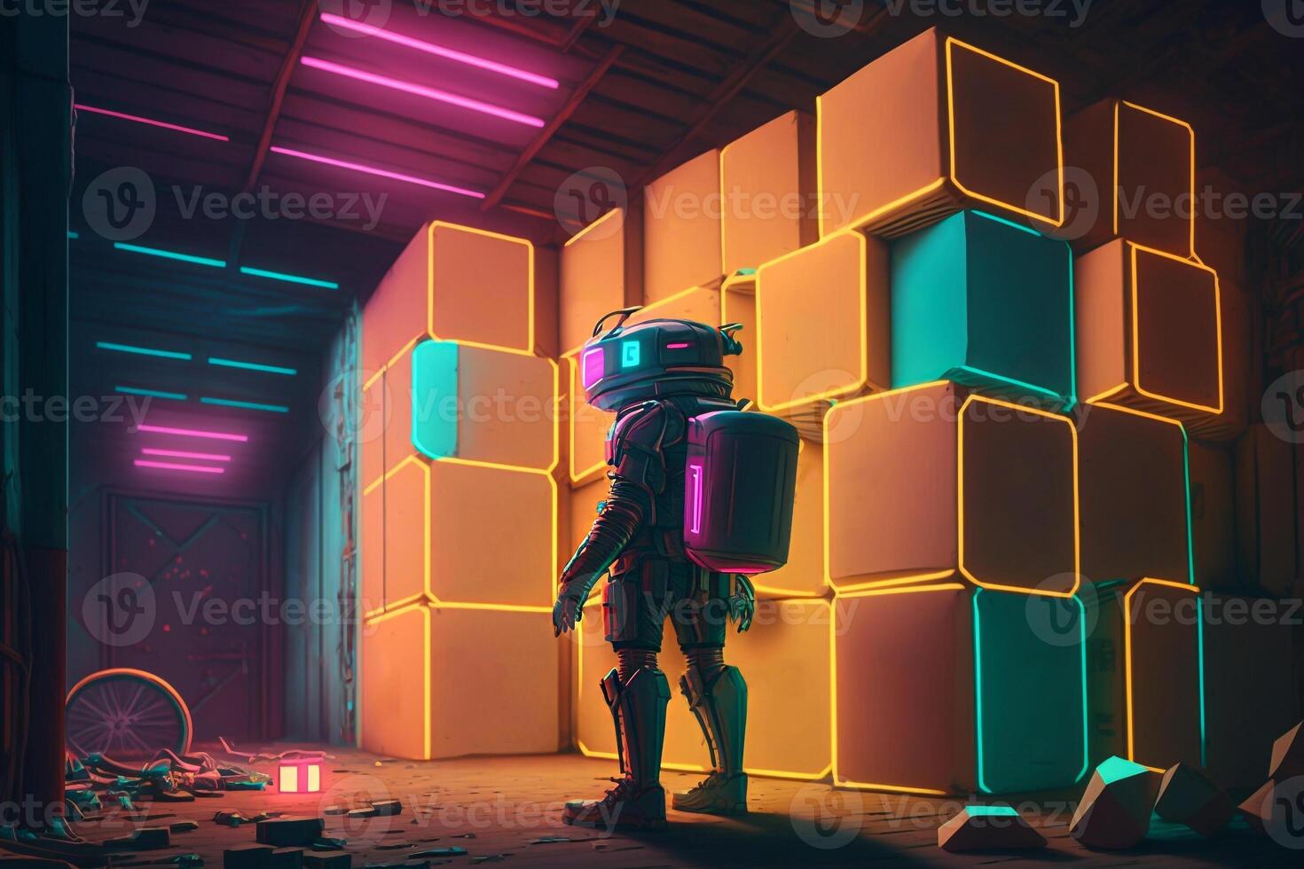 robot in warehouse with boxes and containers looking for a parcel illustration photo