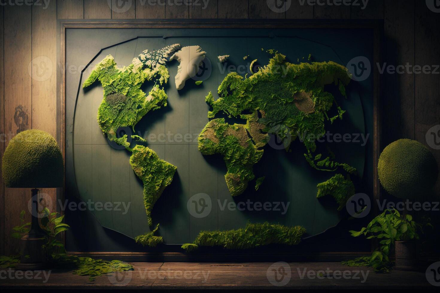 green moss covered world map, geography planet illustration photo