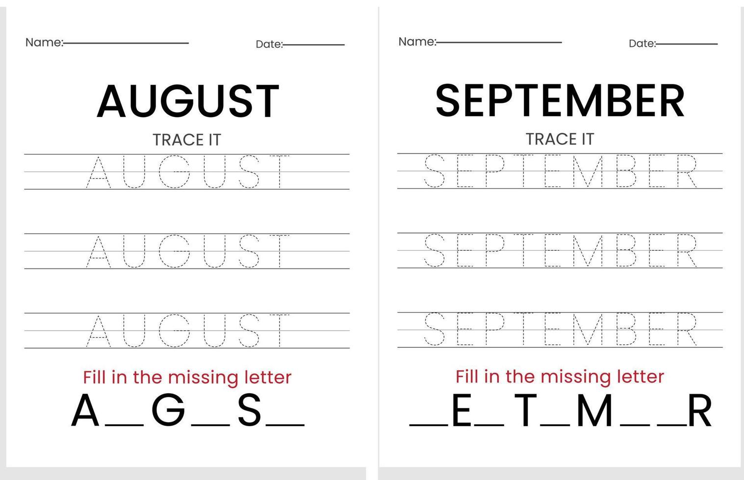 Months Handwriting Practice Worksheets vector