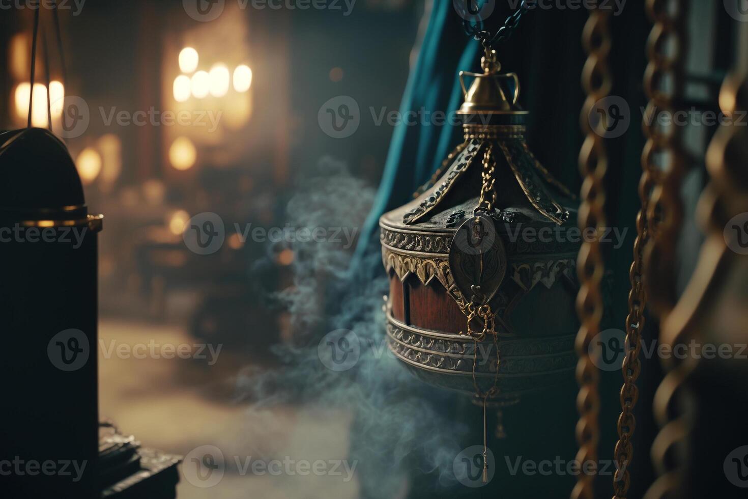 censer hanging on chains with incense smoking photo