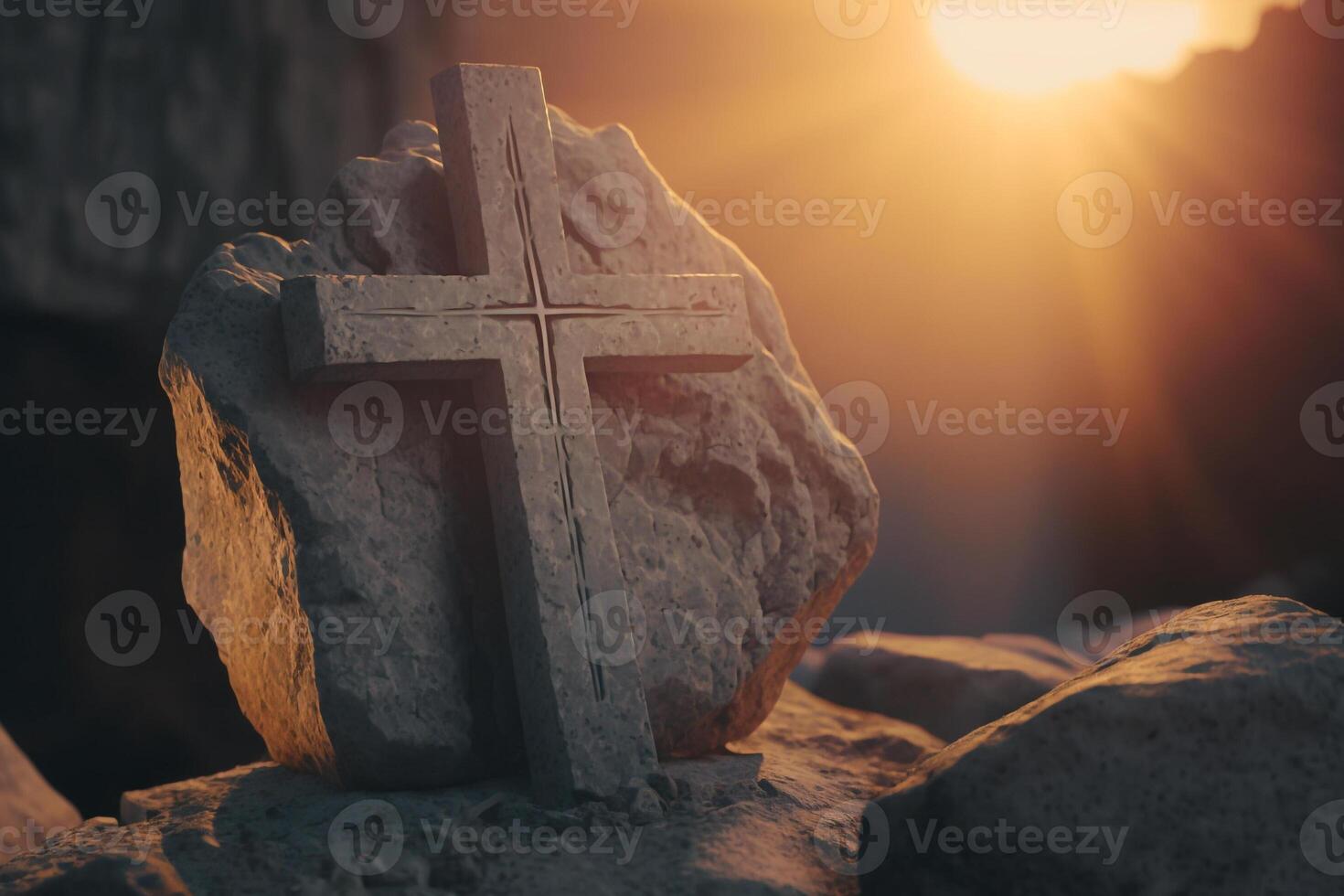 a stone cross on a rock and the rays of the sun,concept faith in god photo