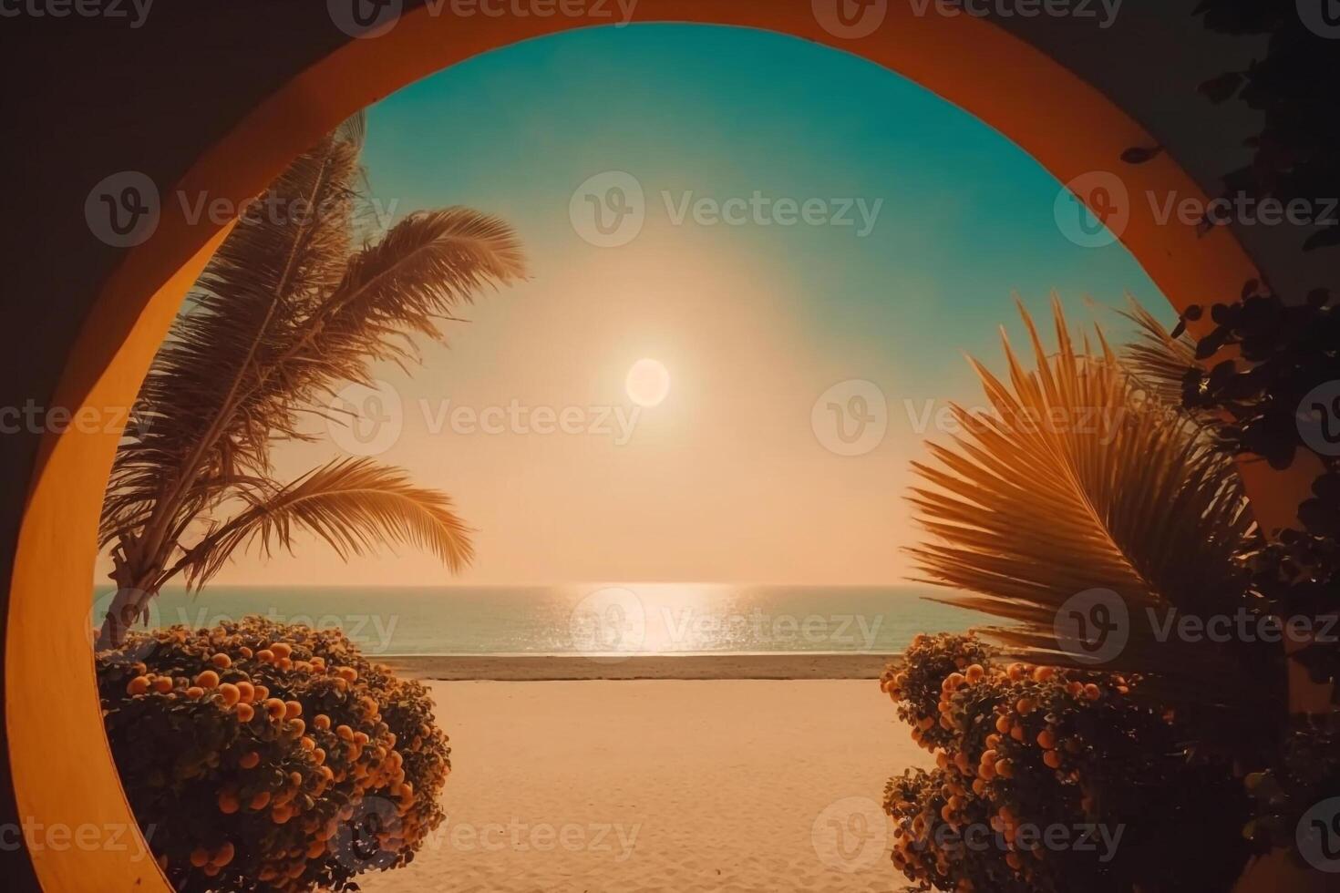 sunny summer beach with palm trees and the sea and the rays of the sun breaking through the arch photo