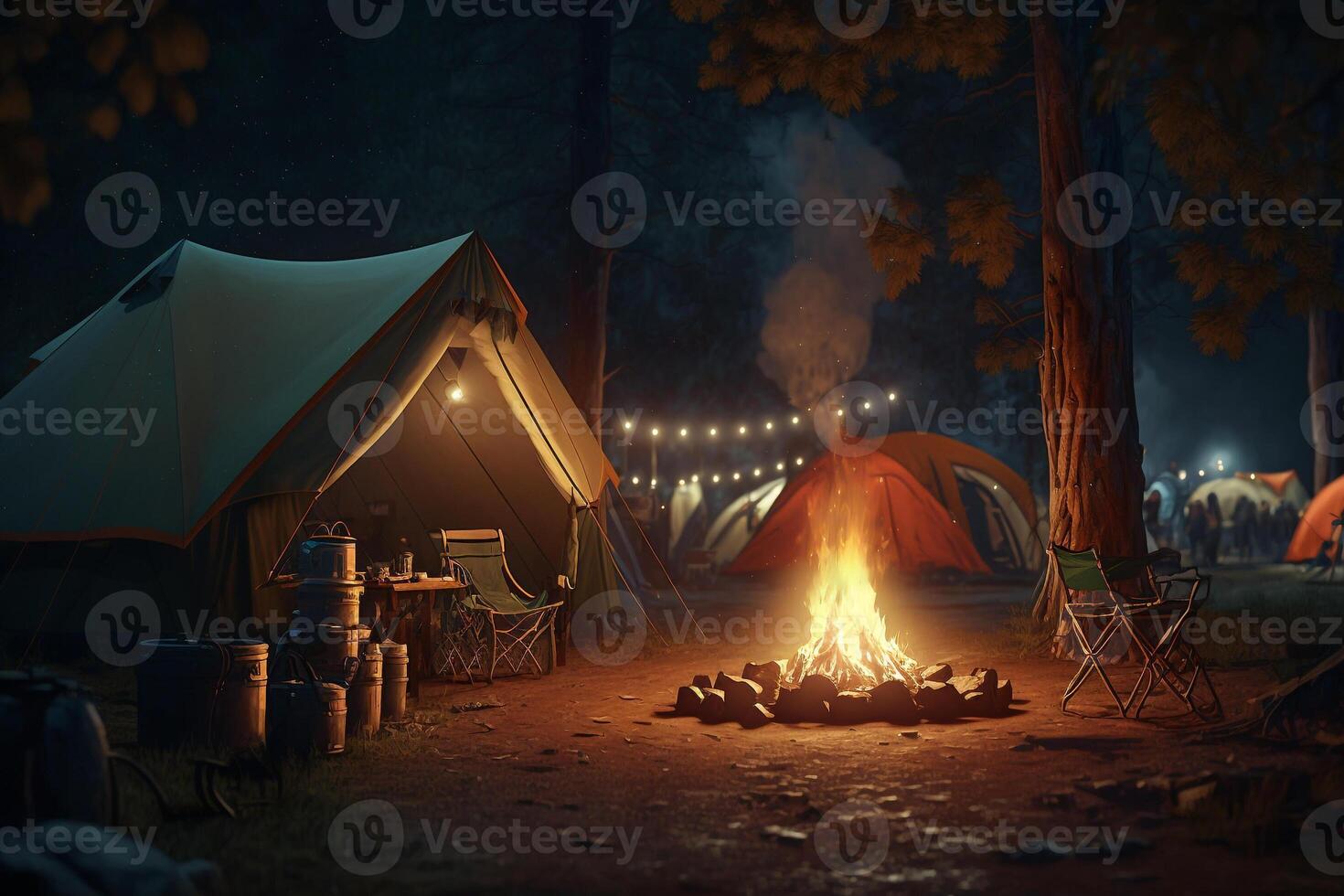 campfire evening fire in nature in a tent, active rest photo