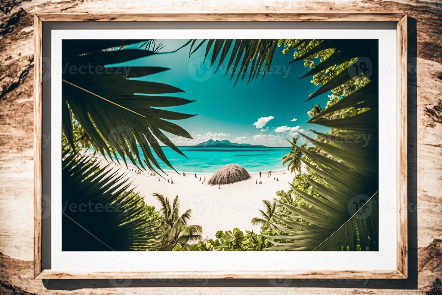 tropical beach with blue water and palm trees, mockup frame illustration photo