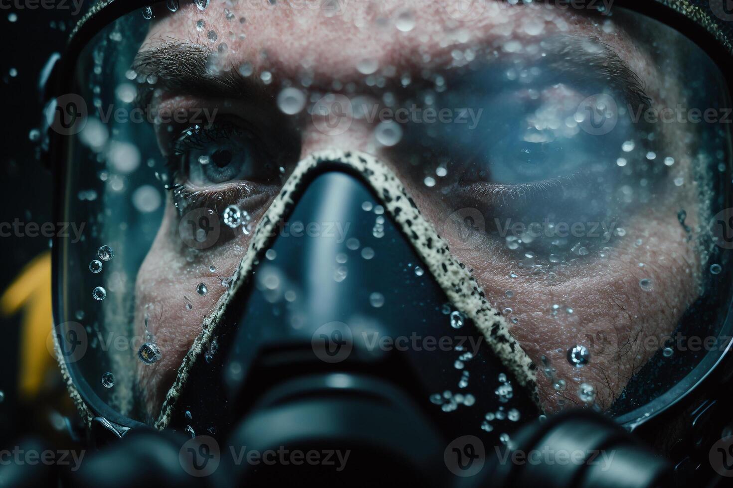 man face under water in waterproof goggles photo