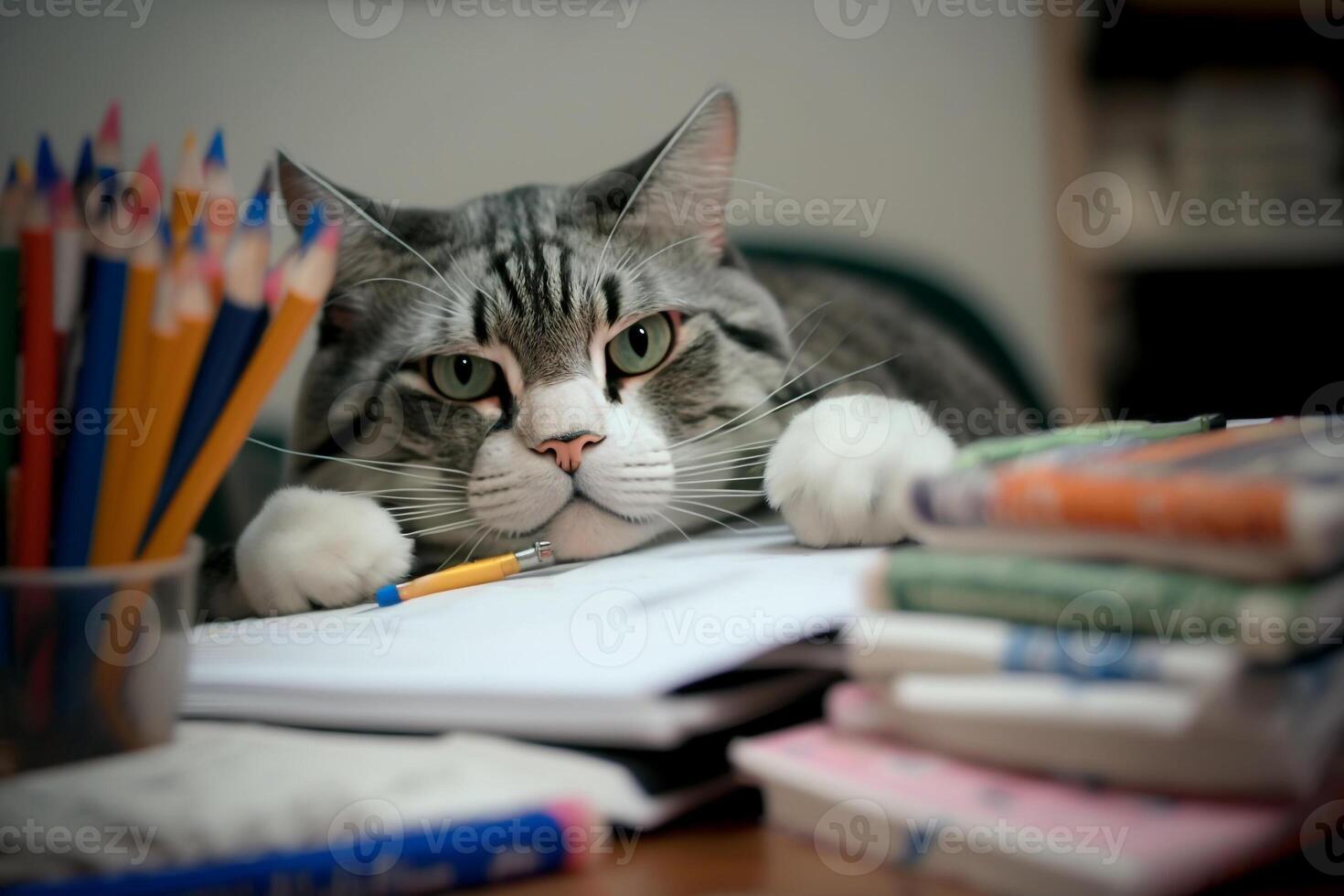 gracioso colegio gato haciendo deberes generativo ai foto