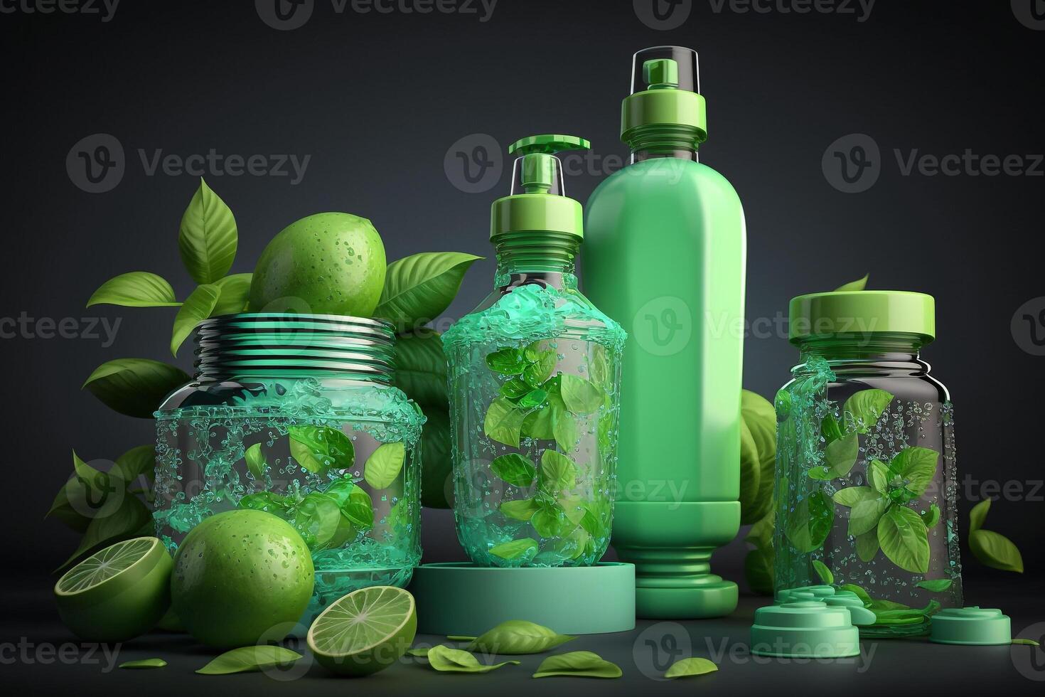 cosmetic bottle with green lime and mint leaf illustration photo