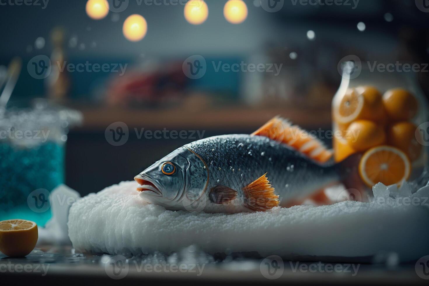 frozen fish on a cold ice counter store, illustration photo