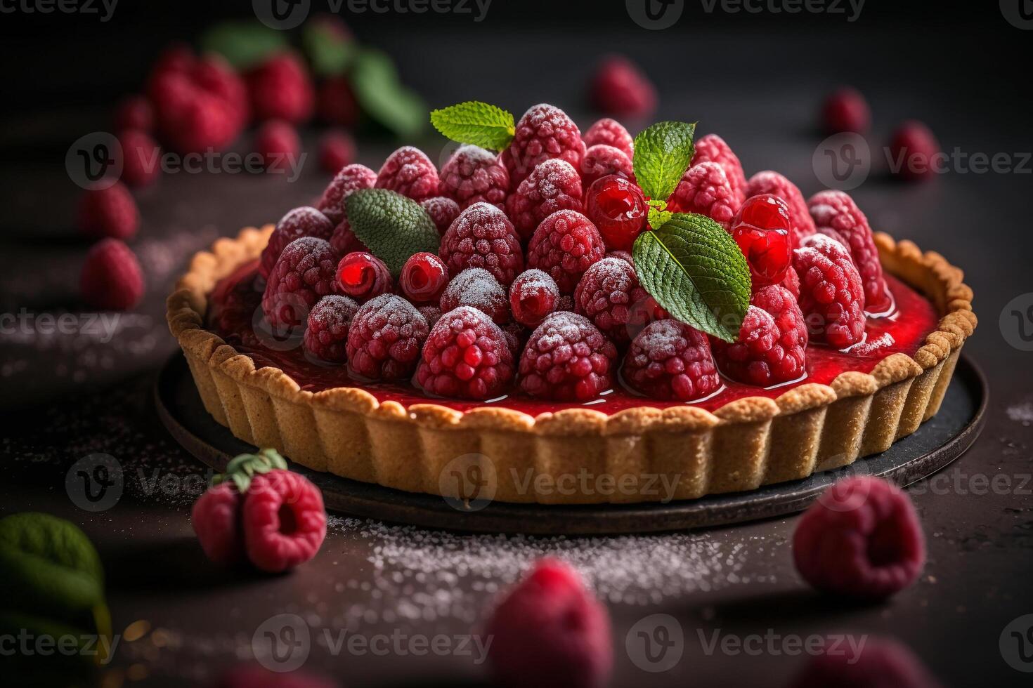 tart with fresh raspberries and berry jam illustration photo