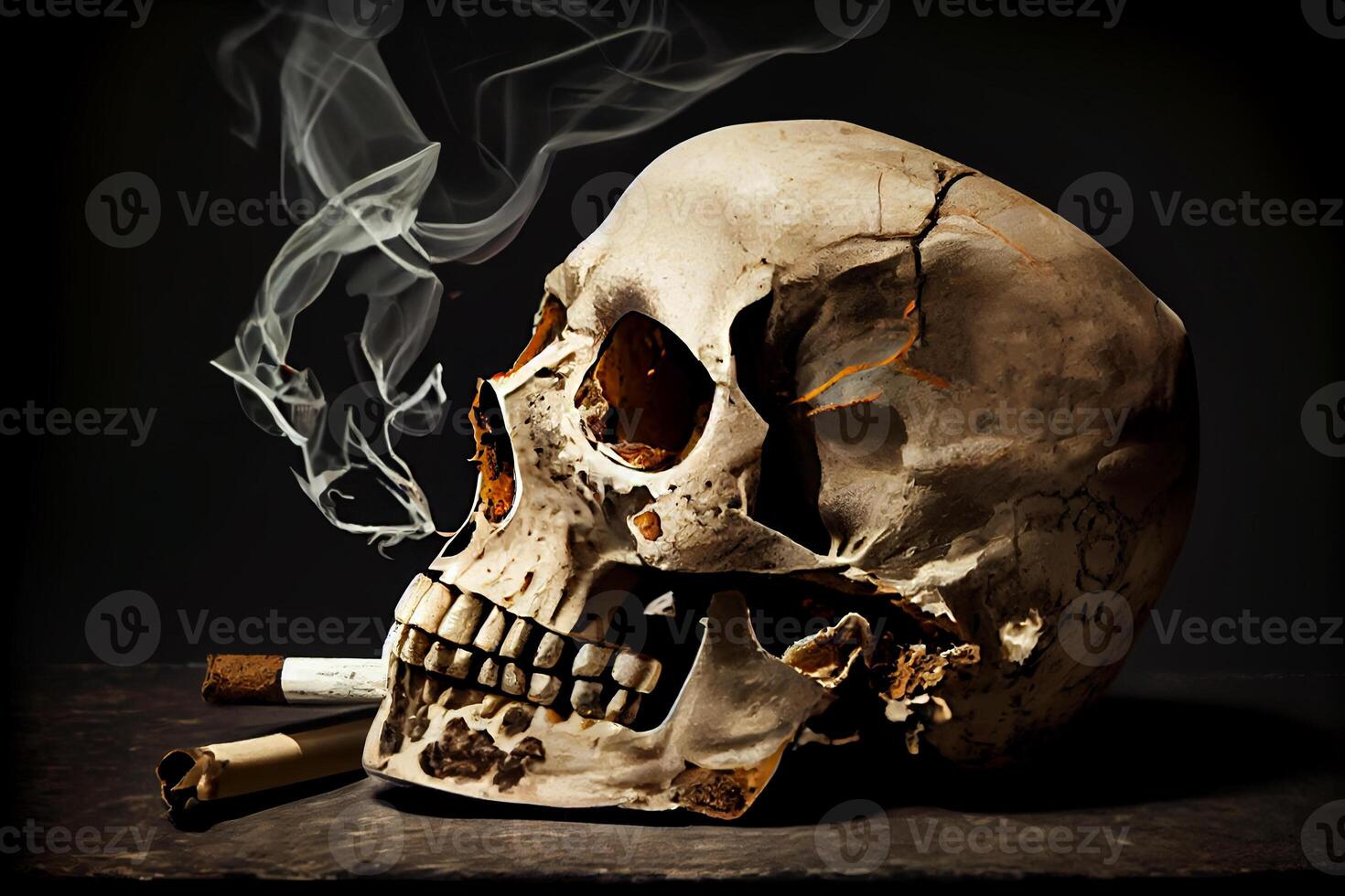 skull in smoke, harm from cigarette nicotine addiction illustration photo