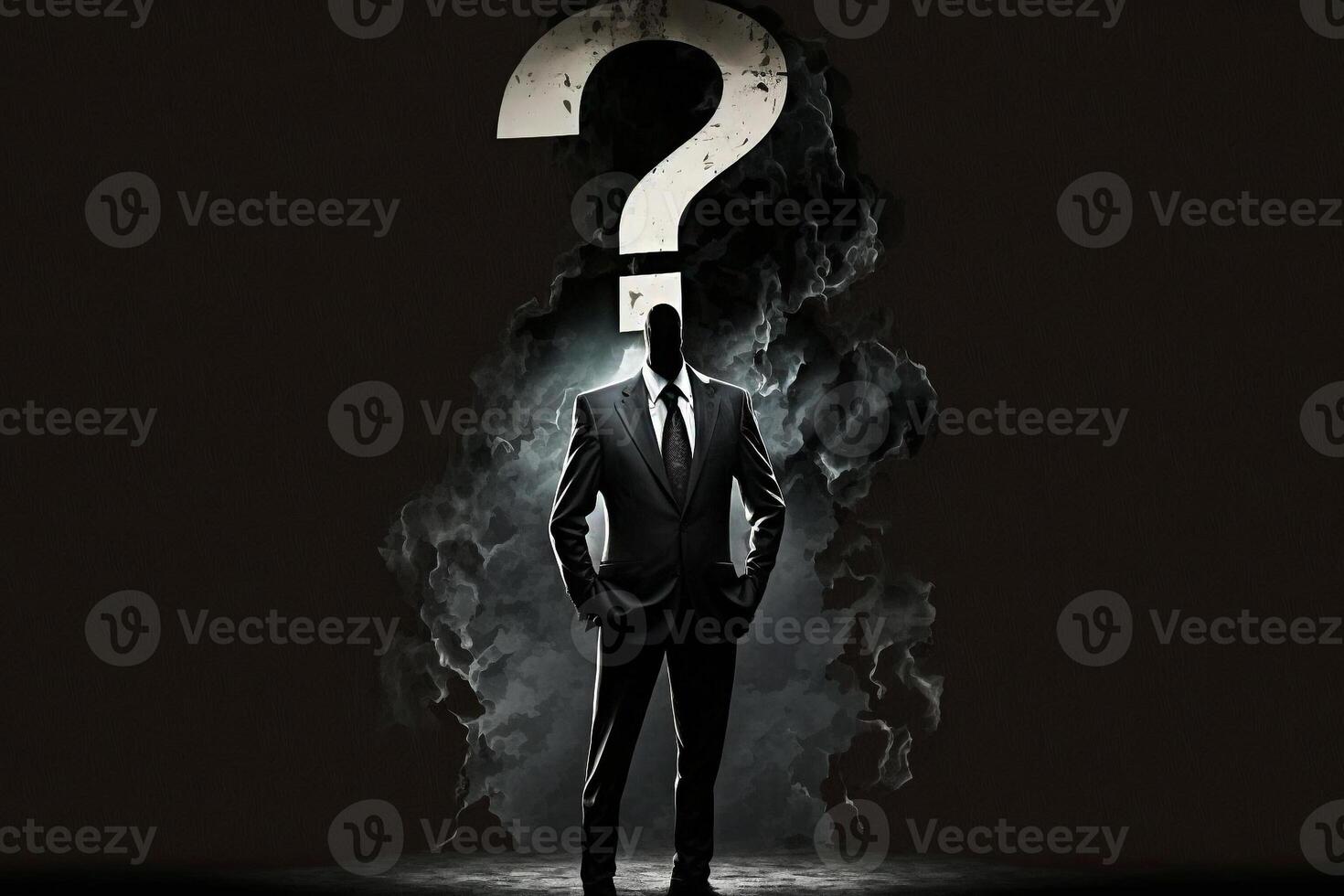 a man in a black suit with a question mark instead of a head, businessman search answer photo