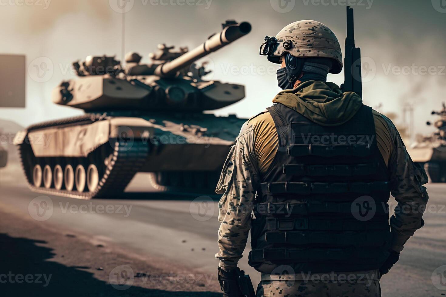 militar soldado en el antecedentes de el tanque, militar operaciones ilustración generativo ai foto