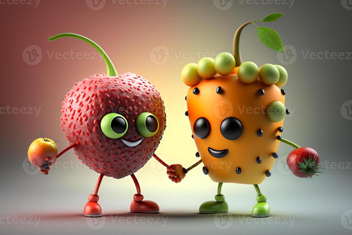 fresa y piña divertido Fruta personaje ilustración generativo ai foto