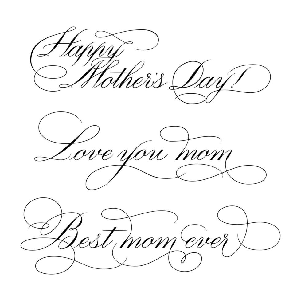 Happy Mothers Day - calligraphic lettering with elegant flourishes. Modern line calligraphy isolated on white background. Black ink illustration. Vector text in linear style.