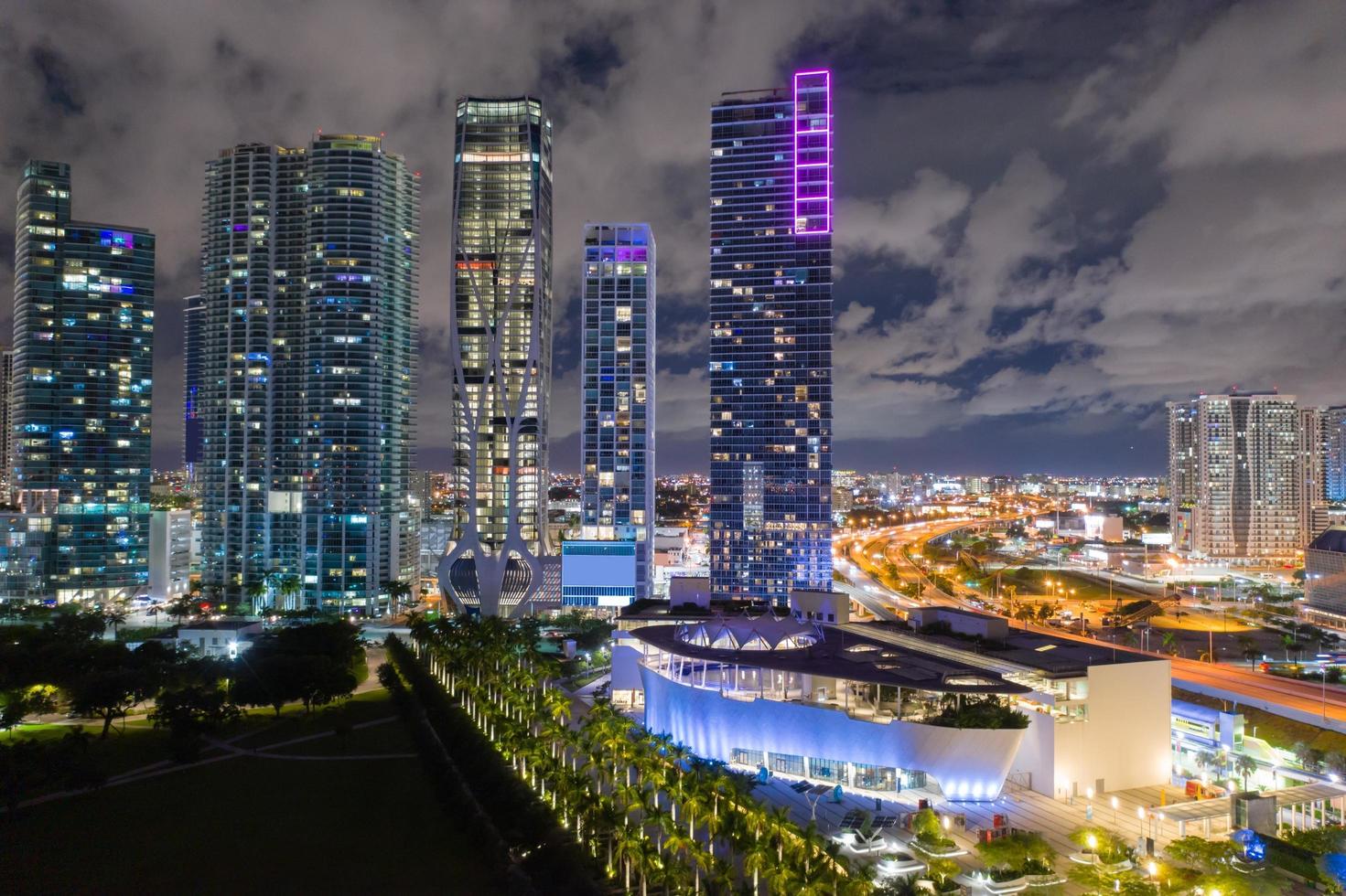 Bright city lights of Downtown Miami FL photo