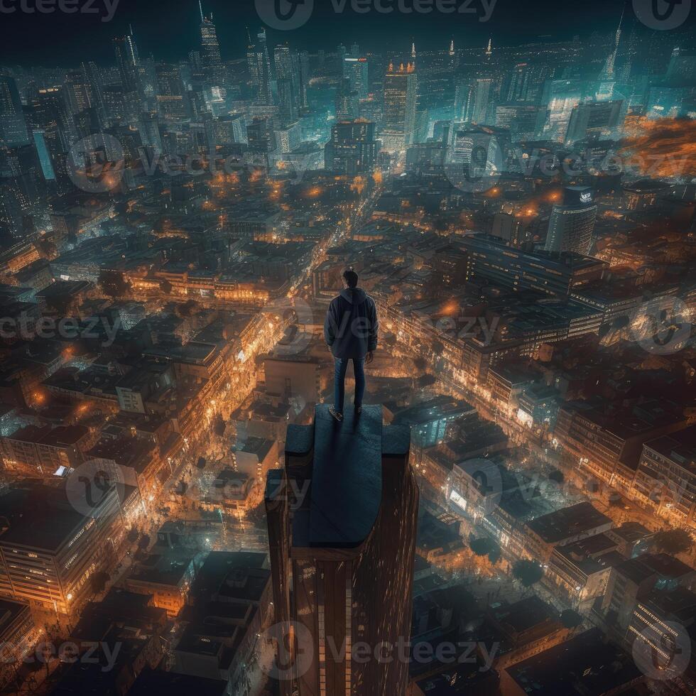 Rear view of young man standing on the rooftop of a skyscraper watching sunset over the big city horizon. Businessman on the roof getting inspired and motivated. . photo