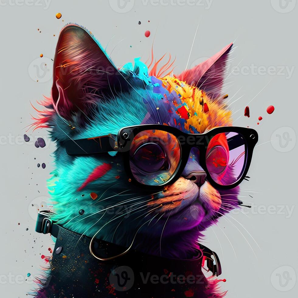 Closeup portrait illustration clolorful cat wearing sunglasses. . photo