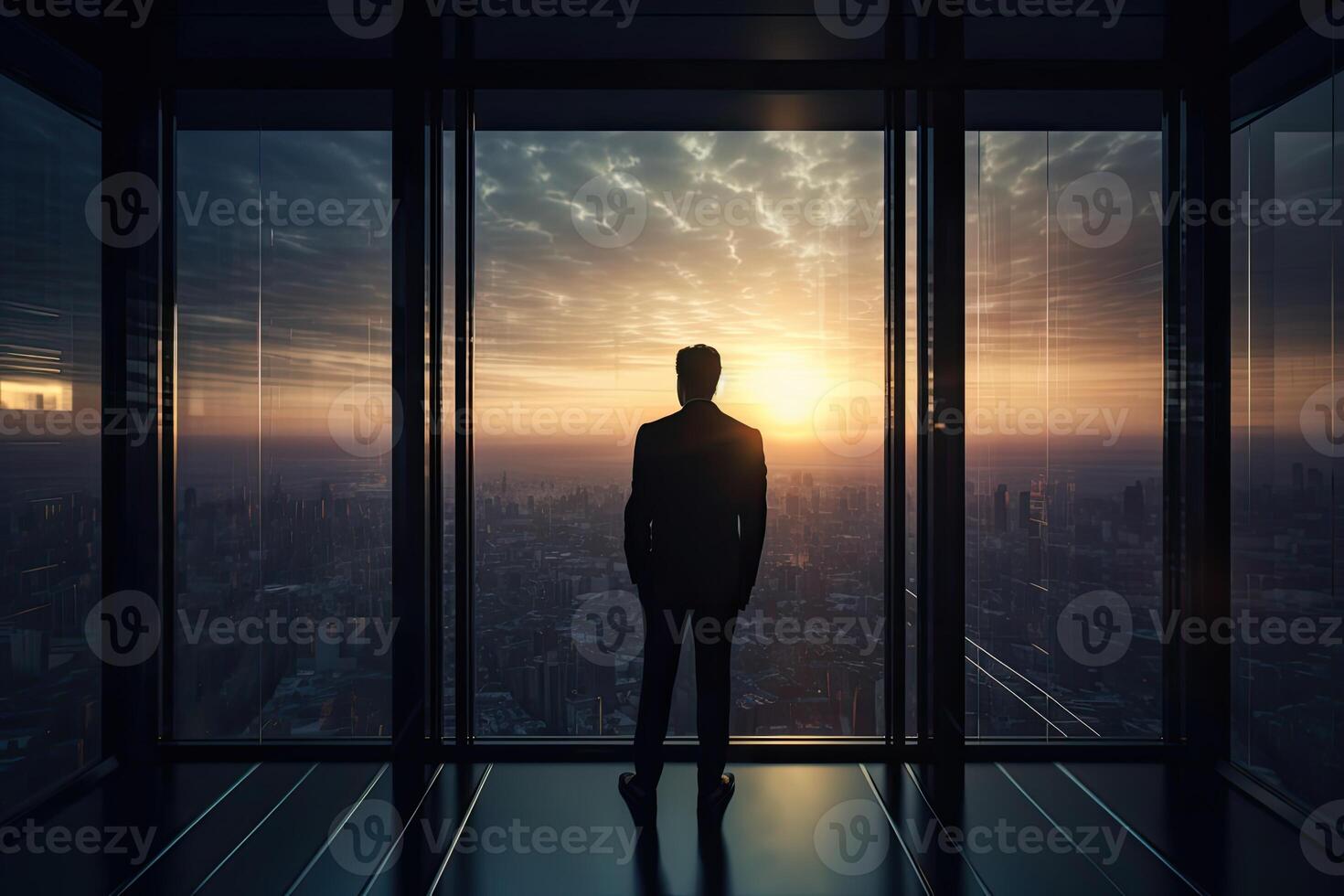 Back View of the Thoughtful Businessman wearing a Suit Standing in His Office, Contemplating Big Business Deal, Looking out of the Window. Big City Business District View. Non-existent . photo