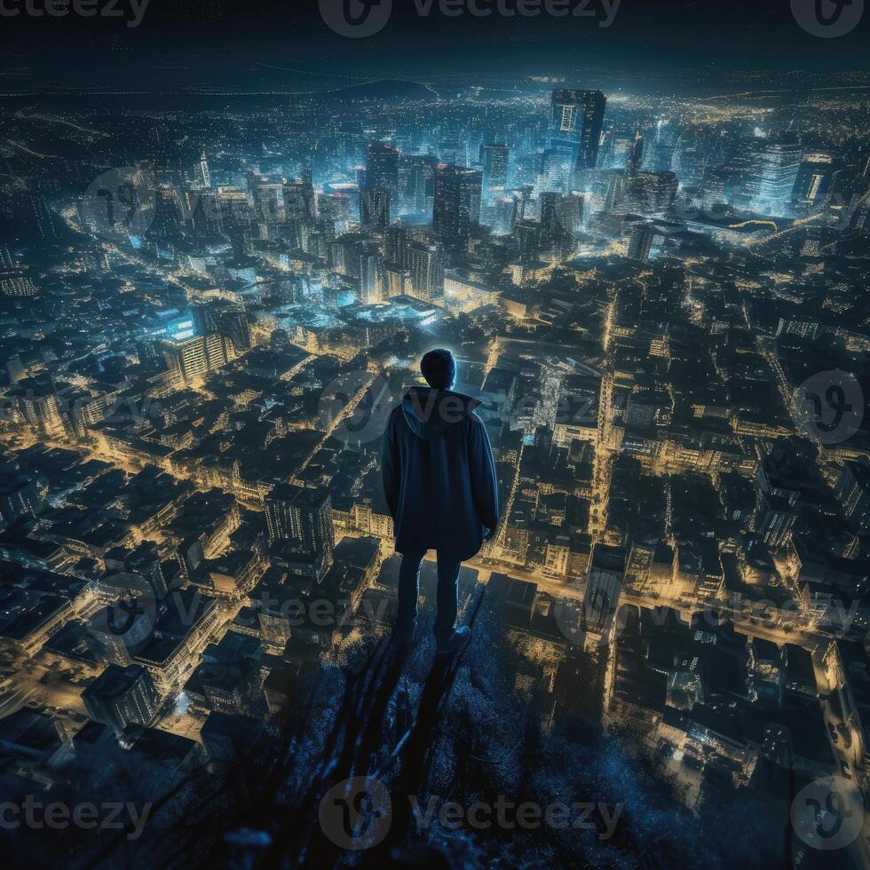 Rear view of young man standing on the rooftop of a skyscraper watching sunset over the big city horizon. Businessman on the roof getting inspired and motivated. . photo