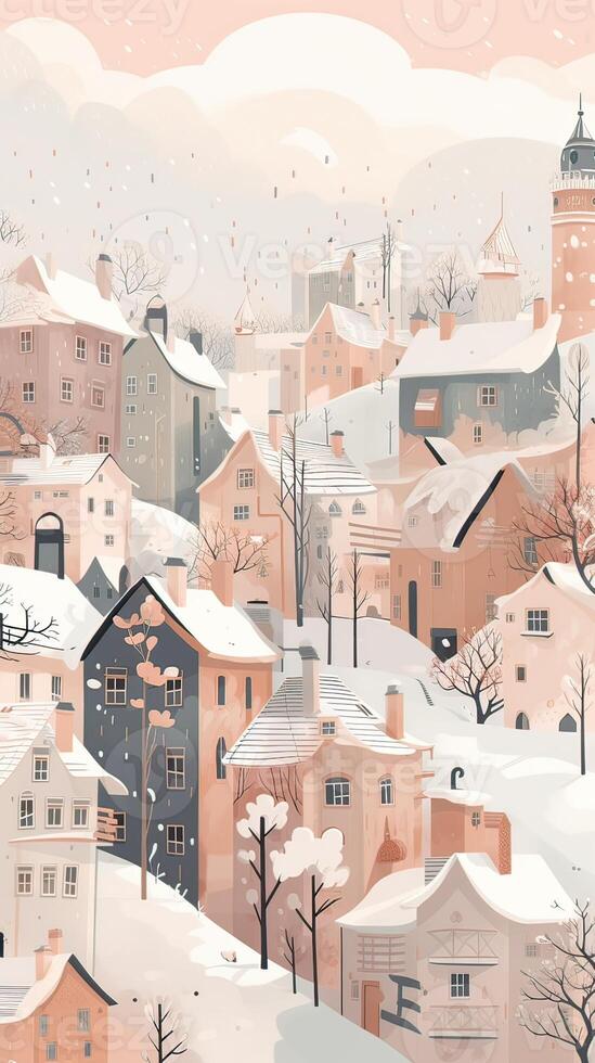 Cute houses, city buildings in Scandinavian style. Cosy town panorama with home exteriors, Scandi architecture. Urban street with chimneys, smoke. Flat illustration. . photo