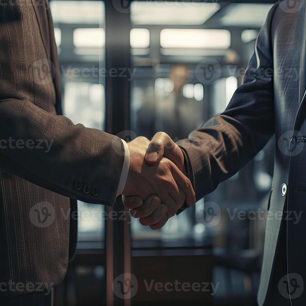 Two confident business man shaking hands during a meeting in the office, success, dealing, greeting and partner concept. . photo