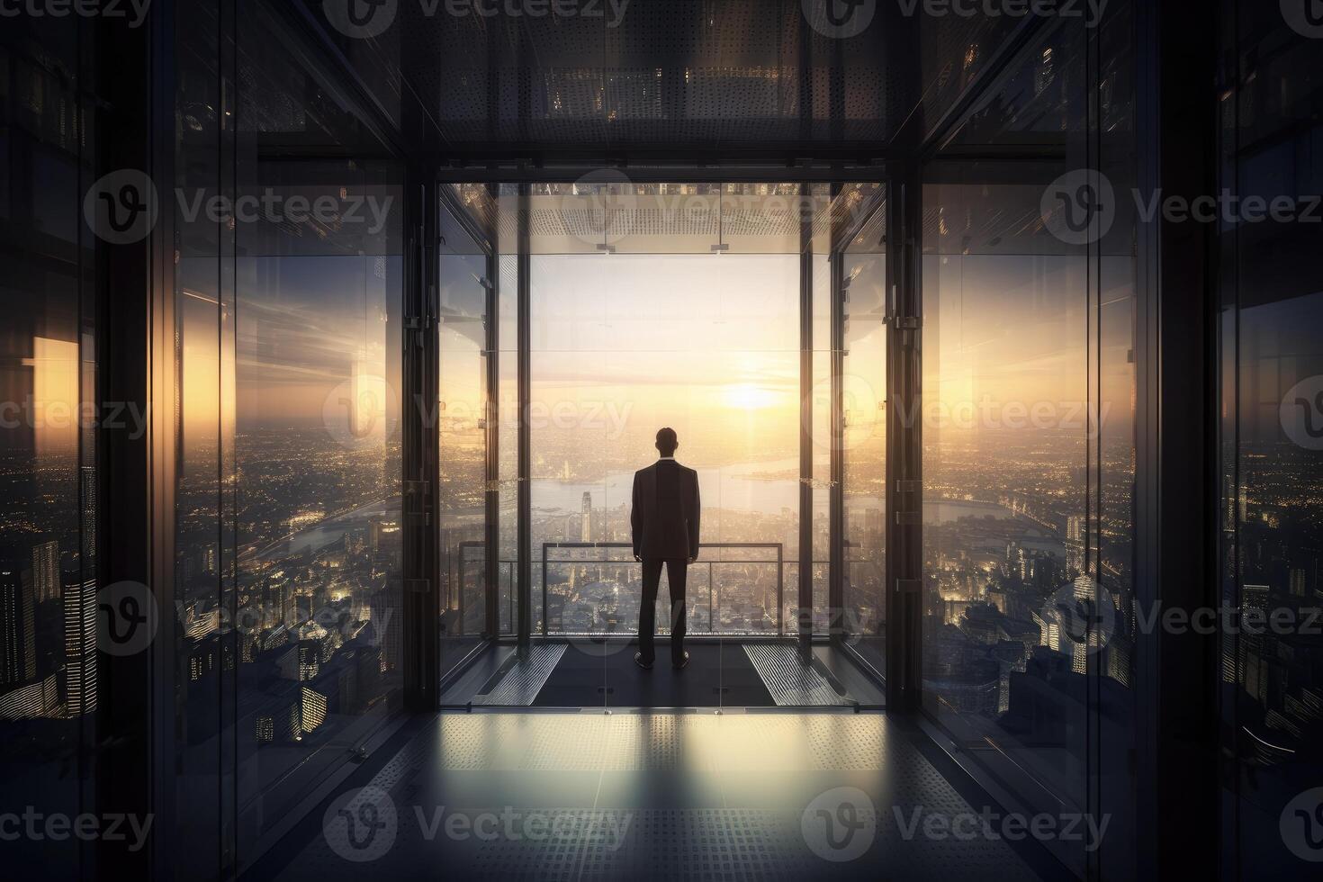 Back View of the Thoughtful Businessman wearing a Suit Standing in His Office, Contemplating Big Business Deal, Looking out of the Window. Big City Business District View. Non-existent . photo