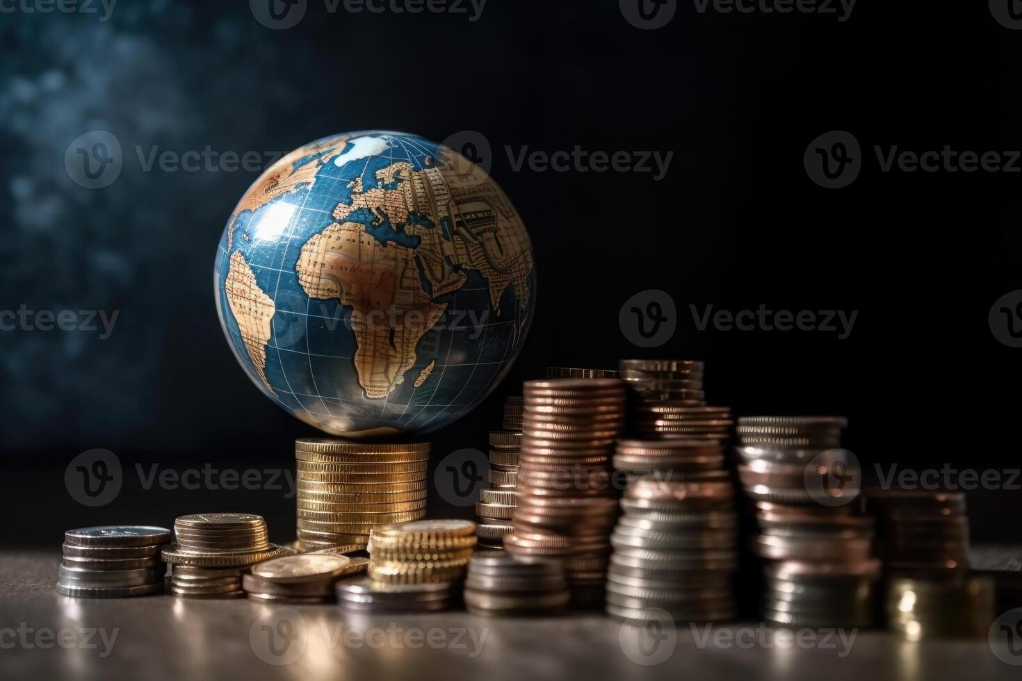 Globe and stack with coins. Money makes the world go round. photo