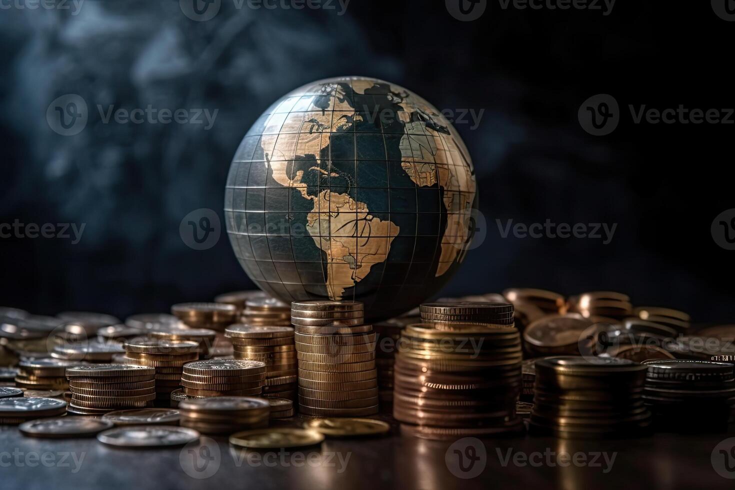 Globe and stack with coins. Money makes the world go round. photo