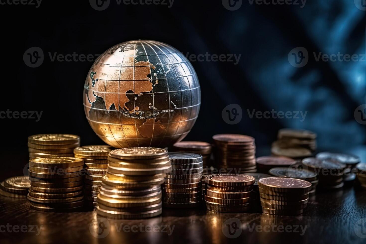 Globe and stack with coins. Money makes the world go round. photo