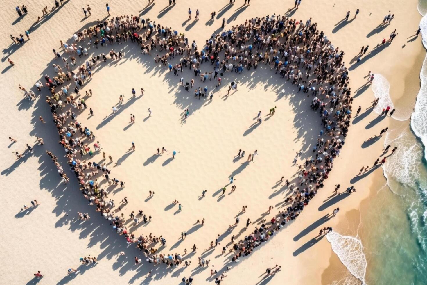 A large group of people standing in the shape of a heart, photo