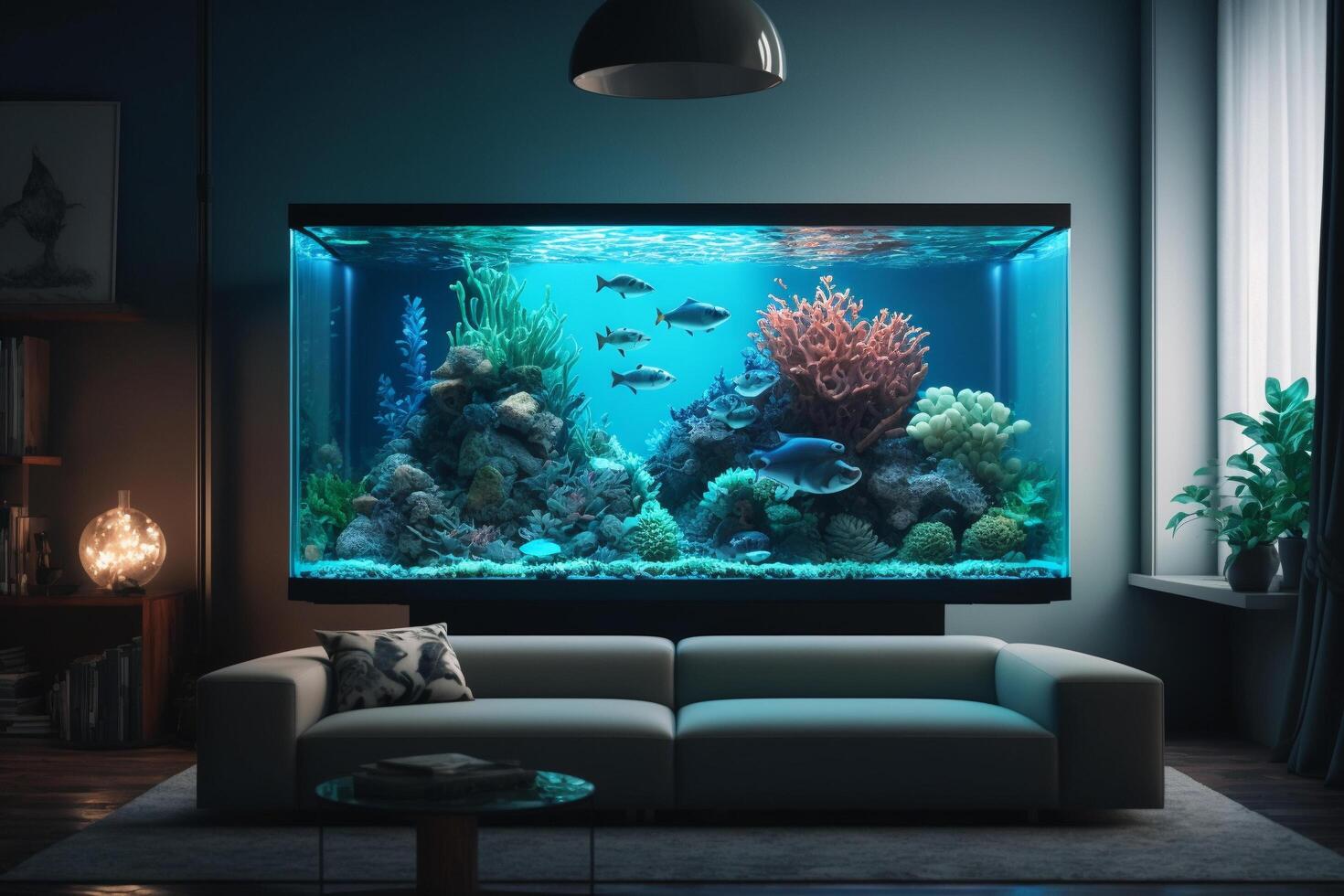 un vivo habitación lleno con mueble y un grande acuario, generativo ai foto