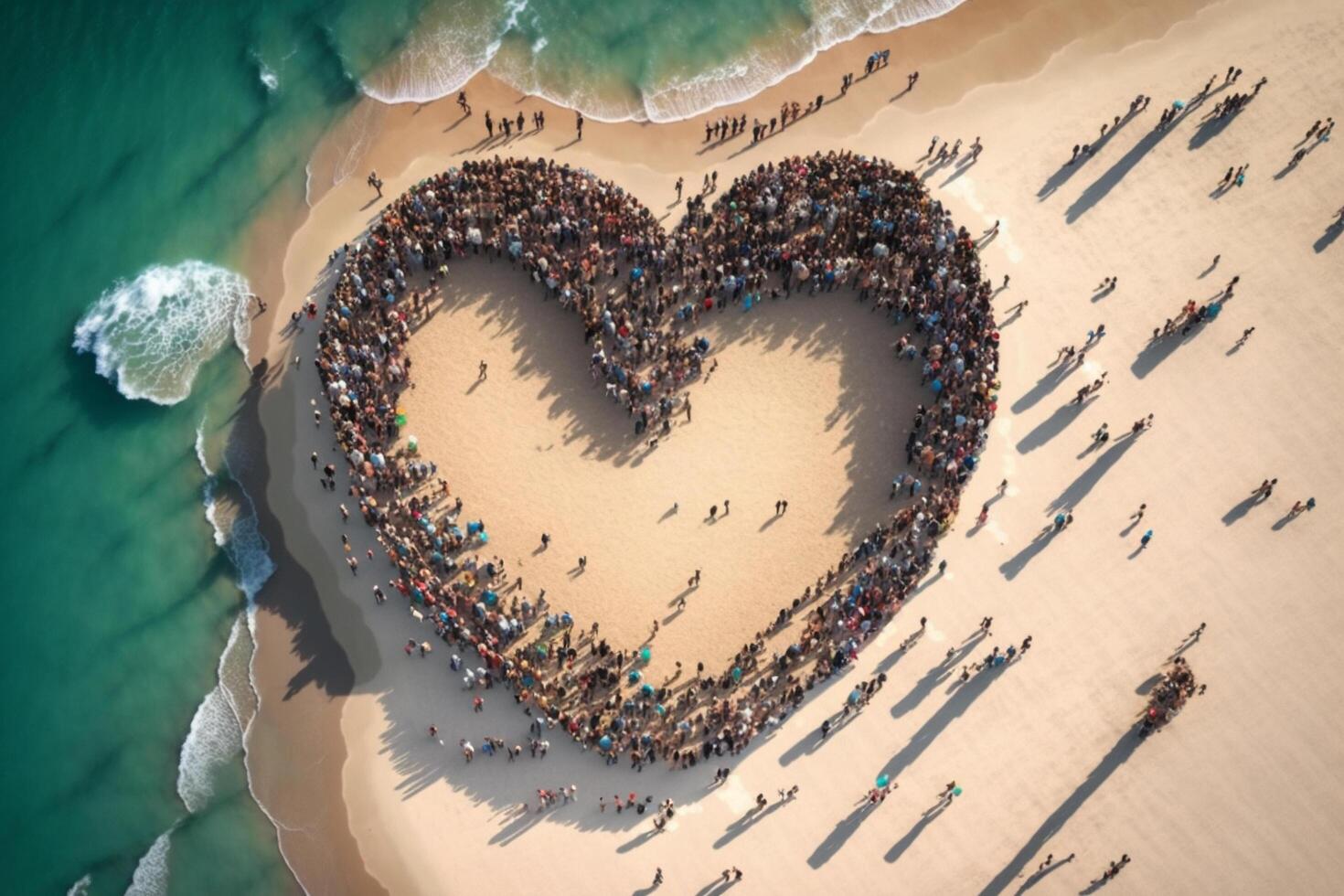 A large group of people standing in the shape of a heart, photo