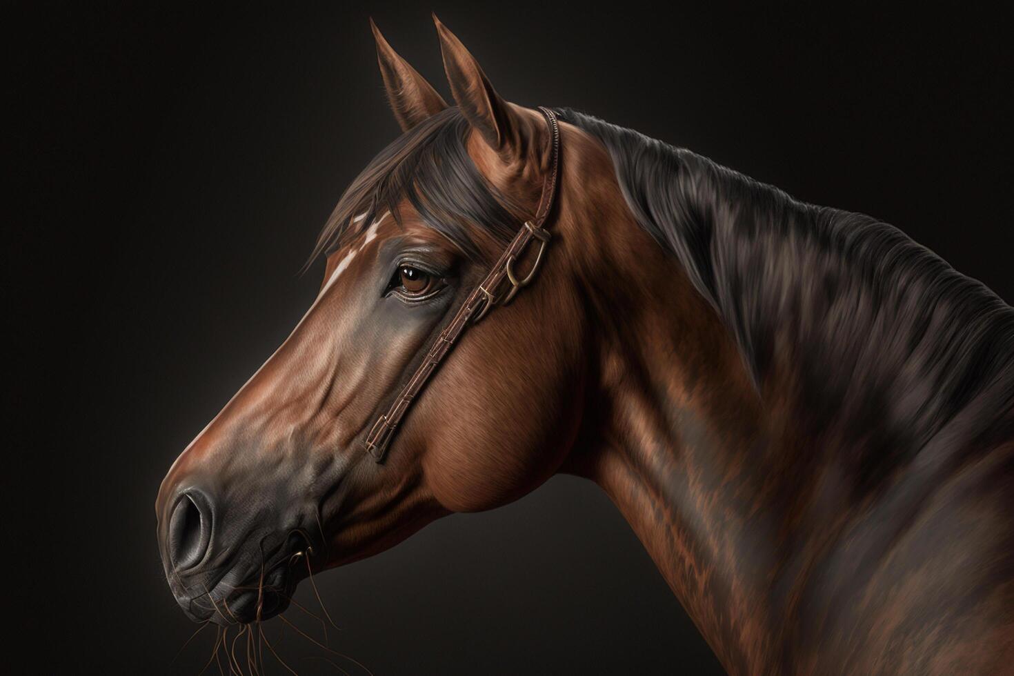 A portrait of a horse in front of a dark background, photo