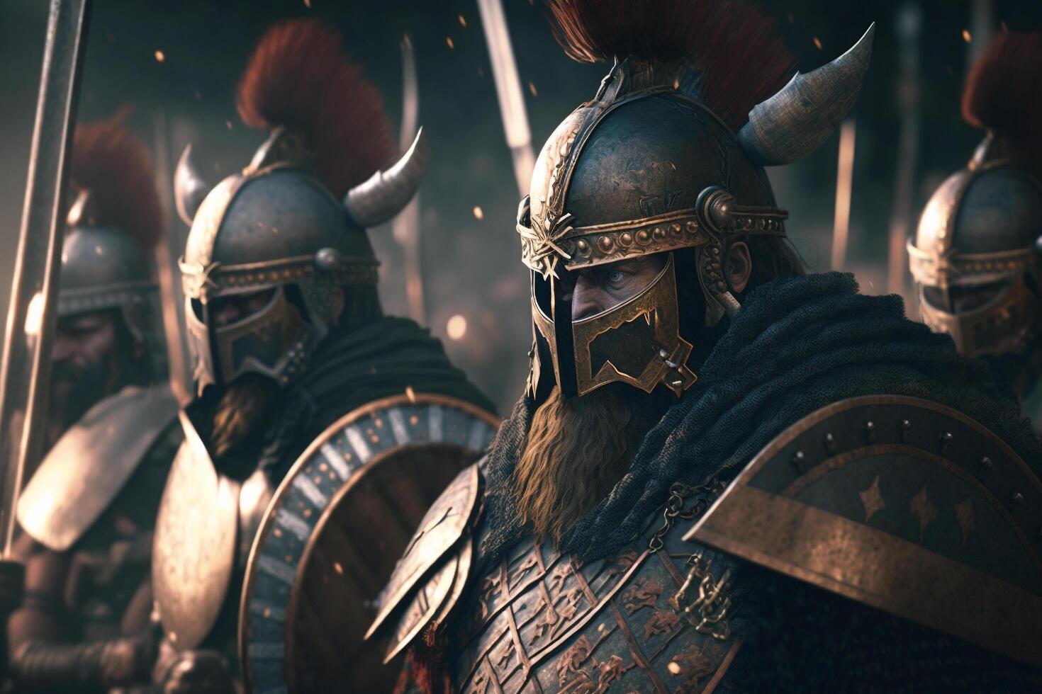 A group of men in armor standing next to each other, photo