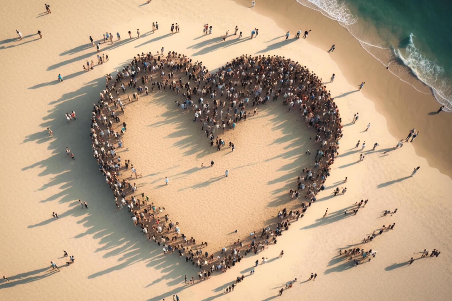 A large group of people standing in the shape of a heart, photo