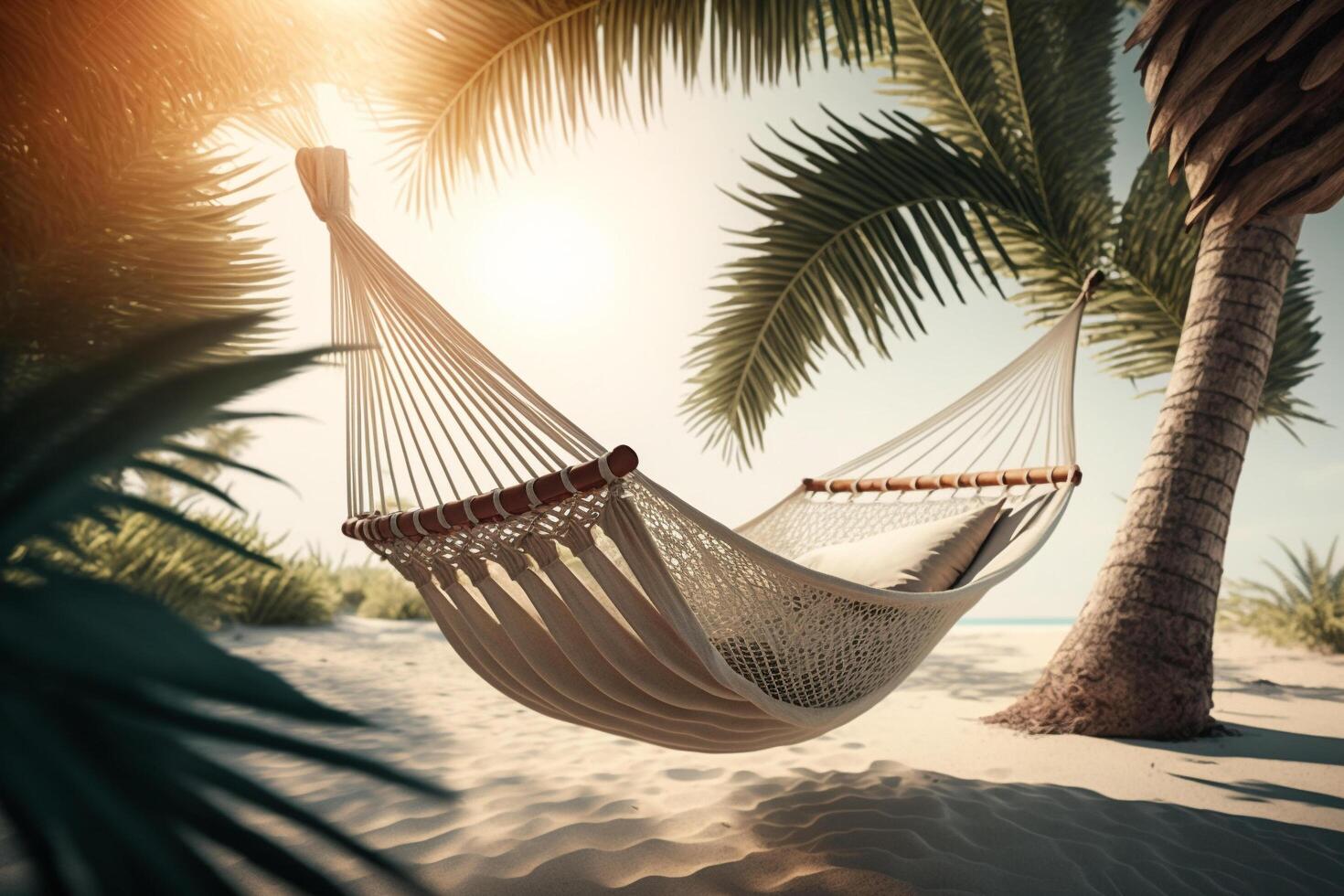A hammock between two palm trees on a beach, photo