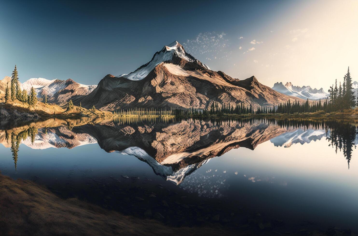 un montaña es reflejado en el todavía agua de un lago, generativo ai foto