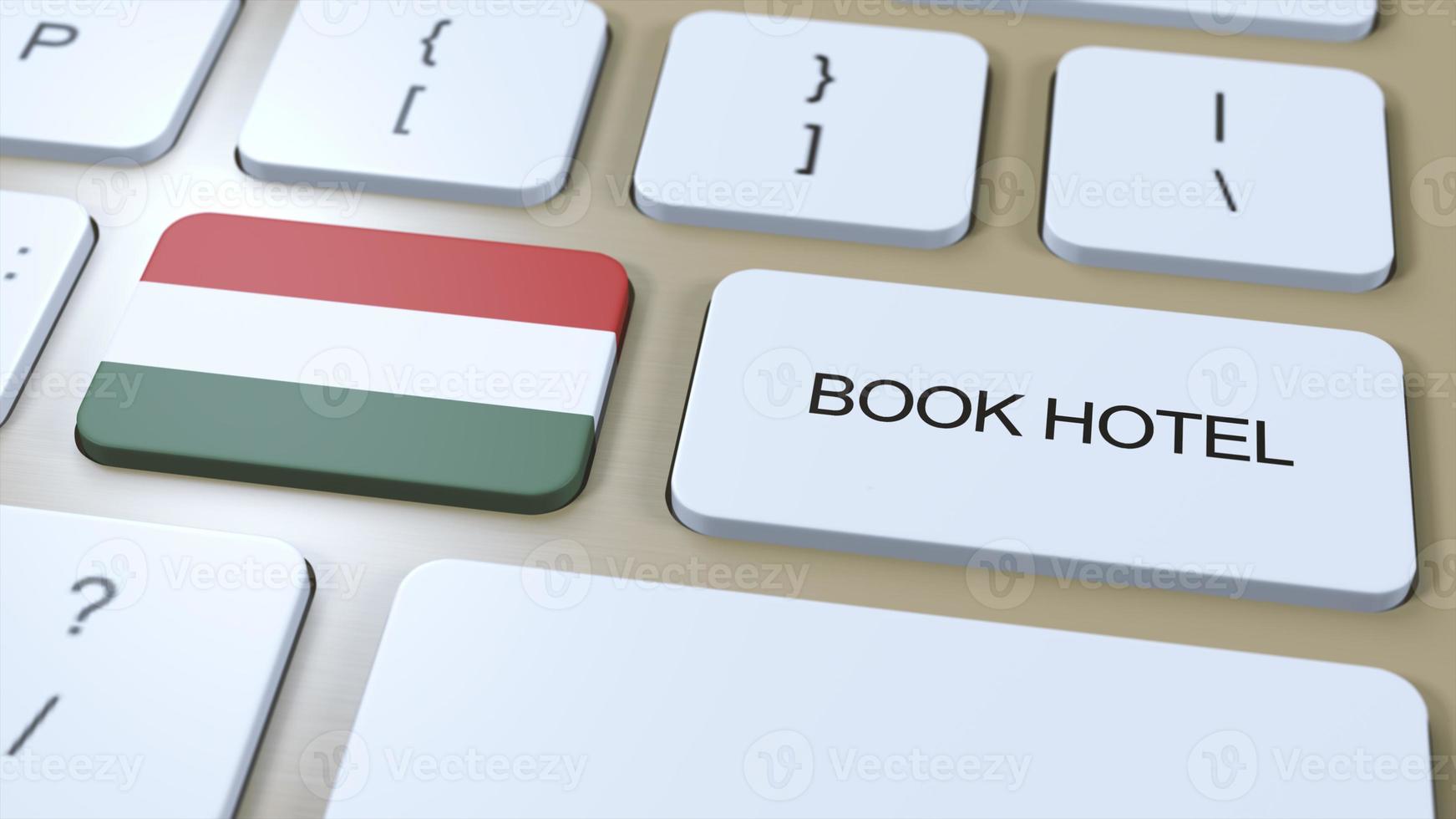 Book hotel in Hungary with website online. Button on computer keyboard. Travel concept 3D animation. Book hotel text and national flag. 3D illustration photo