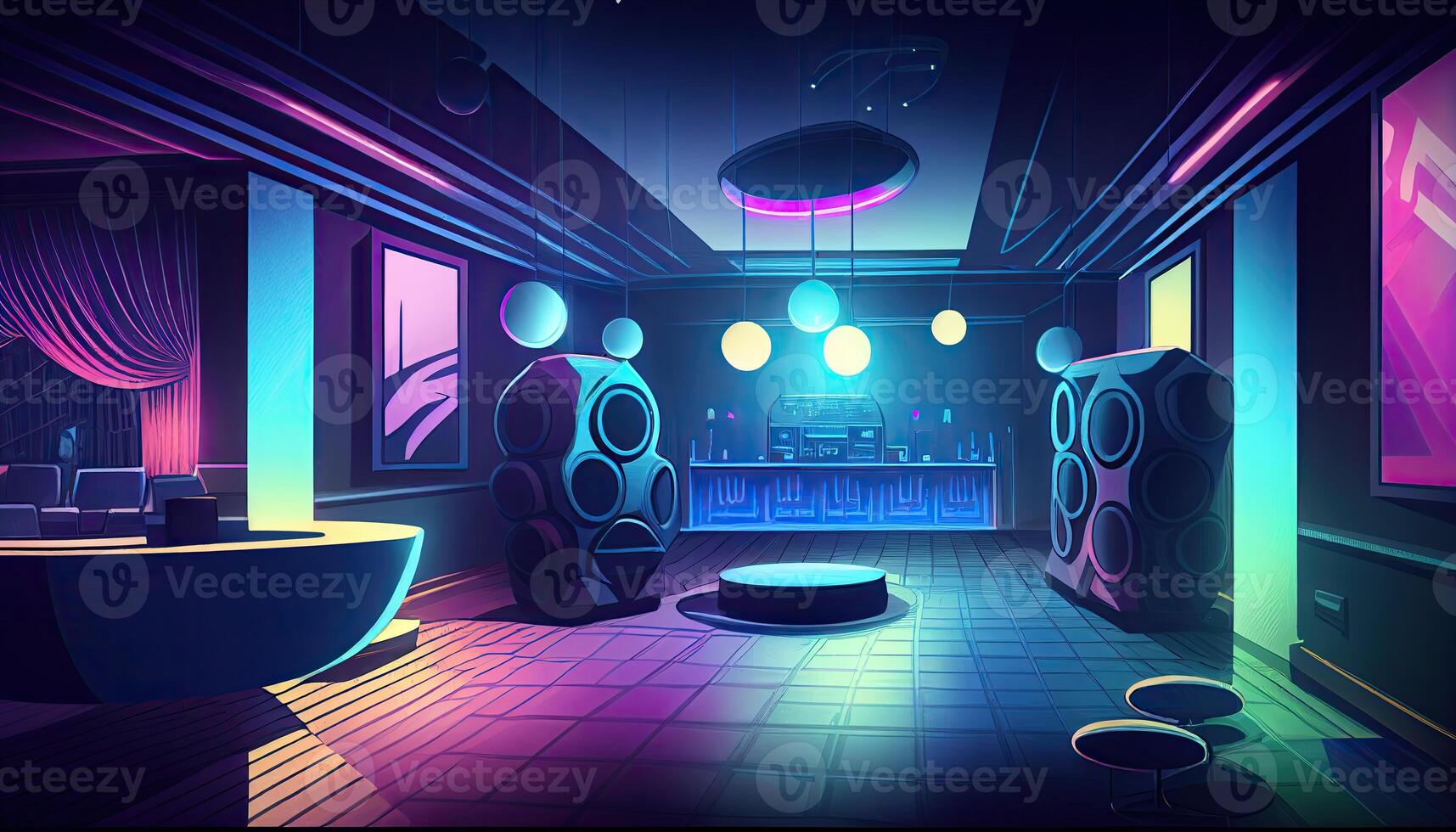 Night club background indoor interior, neon lights glow purple backdrop photo