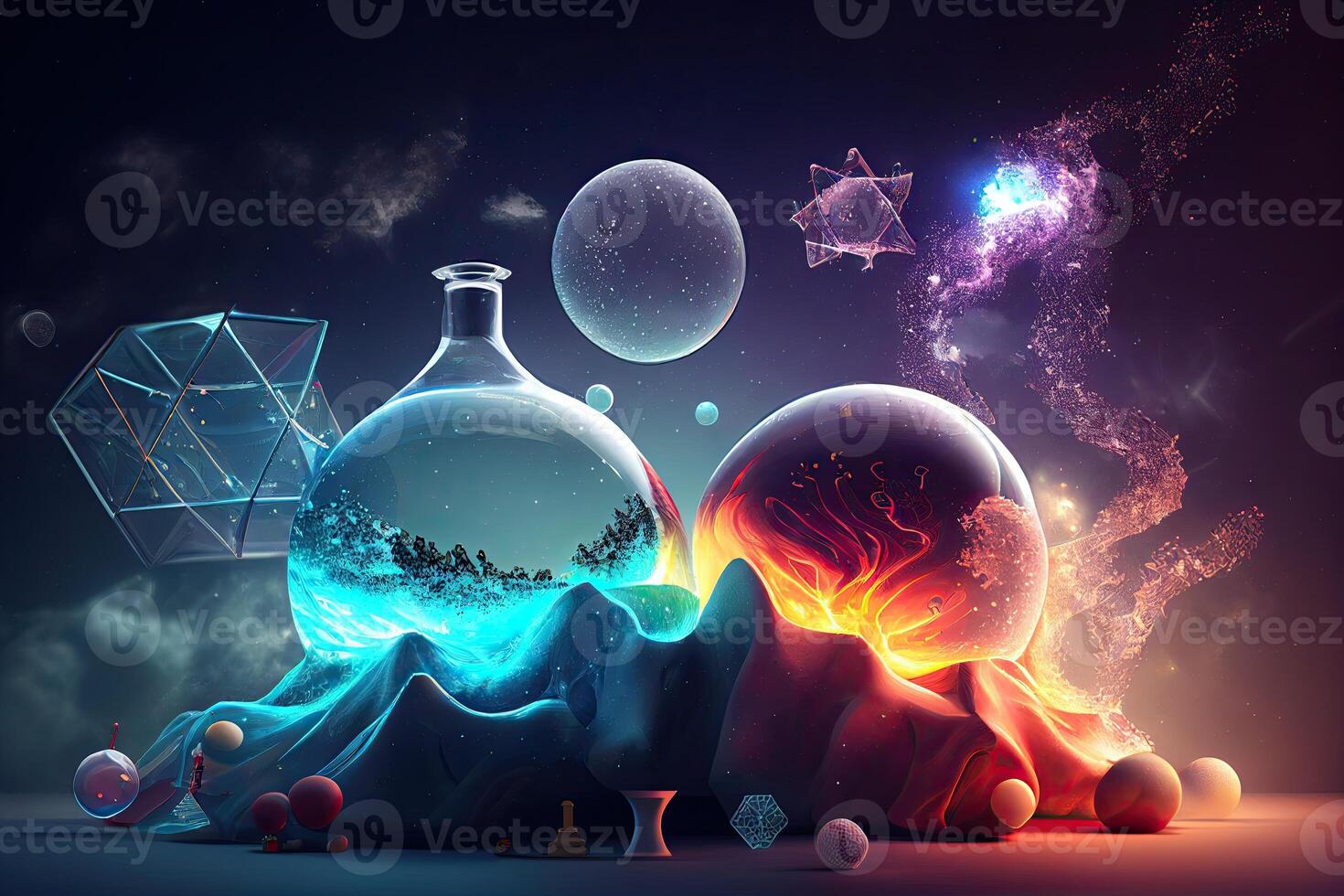 Science background illustration, scientific design. Flasks, glass and