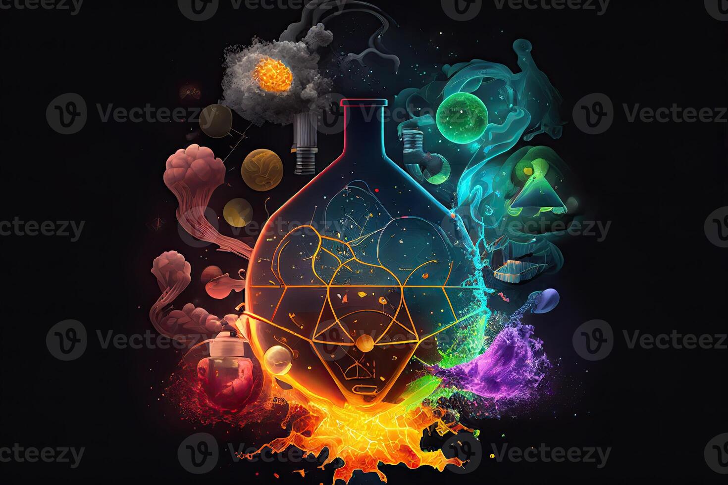 Science background illustration, scientific design. Flasks, glass and